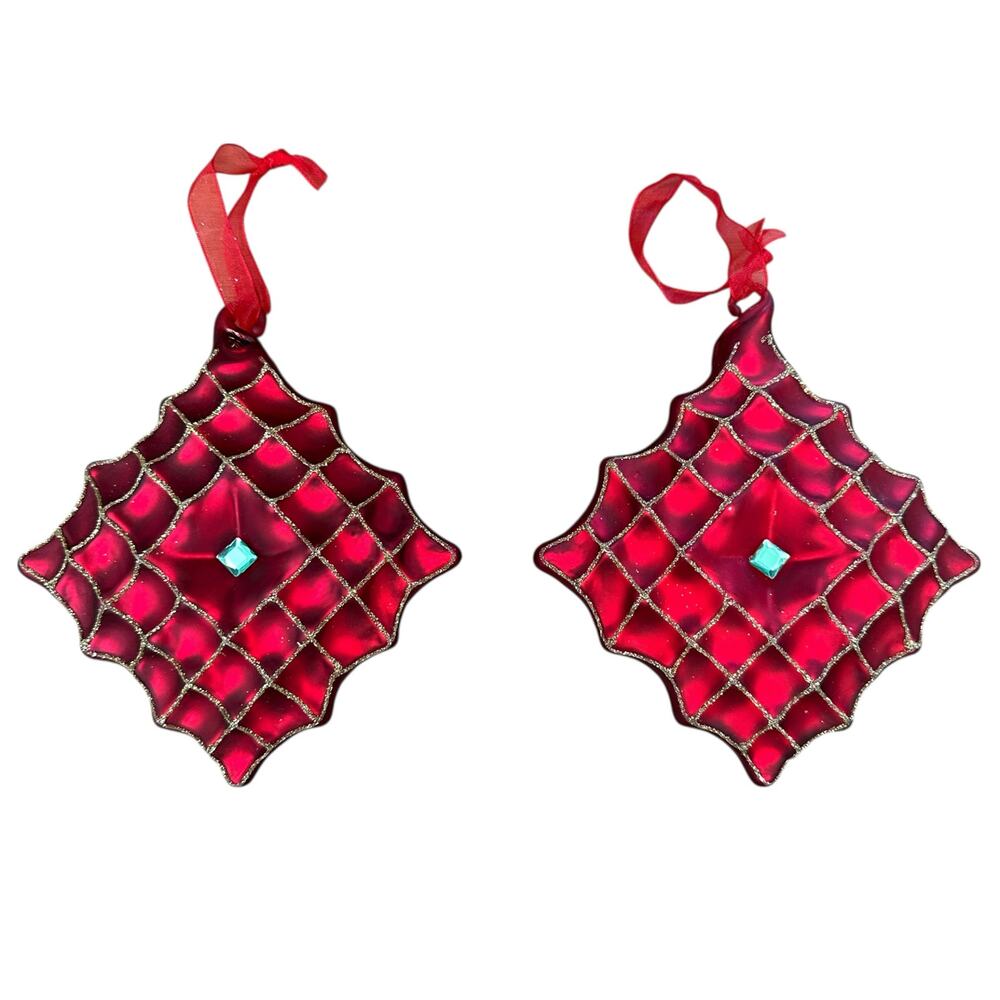 Set of 2 Traditional Red Quilted Glass Christmas Ornaments 5” x 5” Jewel Accent
